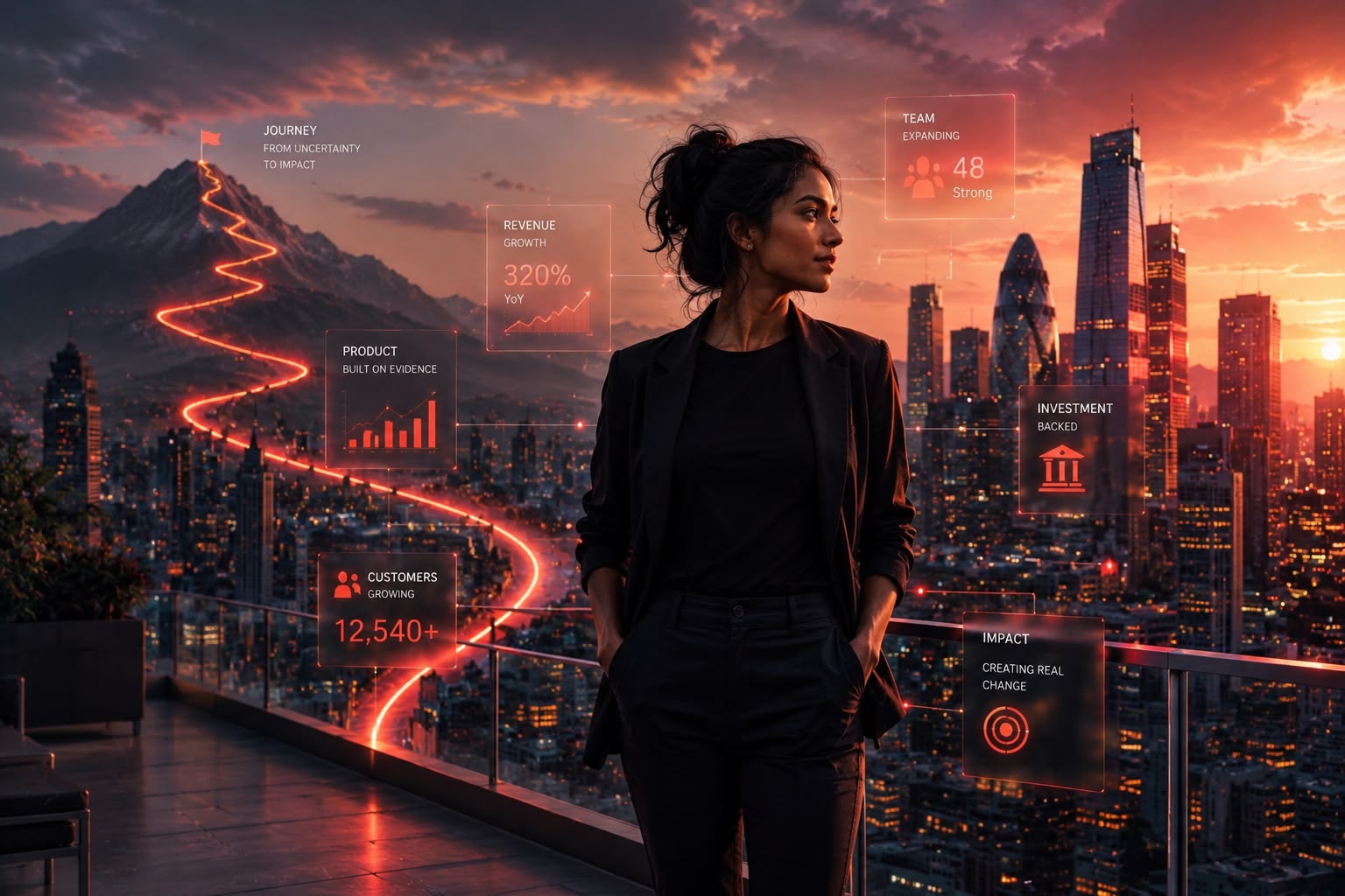 A founder on a rooftop at sunset overlooking a city skyline with a glowing coral growth path and holographic startup metrics